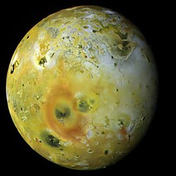 Colour image of Io's trailing hemisphere, highlighting the large red ring around the volcano Pele