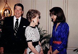 President Reagan, First Lady Nancy Reagan and former first lady Jacqueline Kennedy Onassis at a fundraiser for the Kennedy Presidential Library, 1985