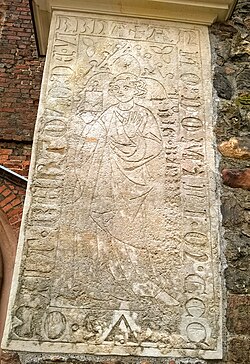 Dominican epitaph of Berthold de Wyrbna from 1316 on the tower of the parish church in Szprotawa, Poland