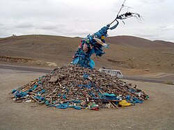 Ceremonial cairn of rocks, an ovoo, from Mongolia