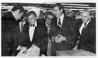 Congressman Charles A. Vanik (third from left) and Congressman Mo Udall (second from right) visit a Samsonite plant in Ambos Nogales, a link in the "twin plant" concept that has created hundreds of jobs for communities on both sides of the international boundary, 1978