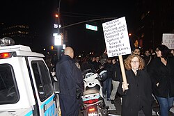 Protesters react the day following the grand jury decision in Union Square, Manhattan in New York City.