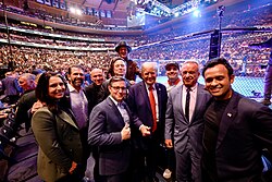 Ramaswamy at a UFC fight in November 2024, with President-elect Donald Trump and Elon Musk