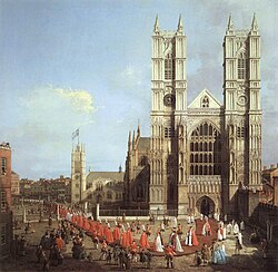 Westminster Abbey, as seen in this painting (Canaletto, 1749), is a World Heritage Site and one of London's oldest buildings.