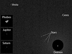 First image of asteroids (Ceres and Vesta) taken from Mars. The image was made by the Curiosity rover on 20 April 2014.