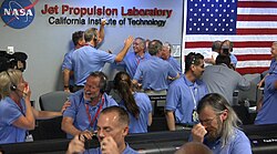 A celebration at NASA when the rover successfully landed on Mars (August 6, 2012).