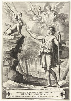 Frontispiece to Kircher's Oedipus Ægyptiacus; the Sphinx, confronted by Kircher's learning, admits he has solved her riddle.