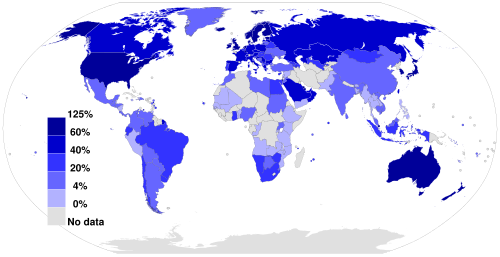 Mobile broadband Internet subscriptions in 2012as a percentage of a country's populationSource: International Telecommunication Union.[95]