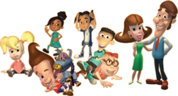 From left to right: Cindy, Jimmy with Goddard, Libby, Nick, Sheen, Carl, and Judy and Hugh Neutron.