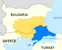 East Thrace (blue) within Thrace (yellow)
