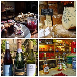 English foods: clockwise from top left—teacakes, cheeses, wines and cider