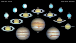 Composite image of Hubble photos showing four giant planets of the Solar System, tracking seasonal changes during ten years of observations (2014-2024)