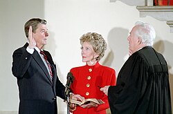 "The Gaze": Reagan watches as her husband is sworn in for a second term by Chief Justice Warren Burger, on January 20, 1985