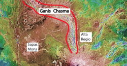 Image of the Ganis Chasma Rift Zone on Venus. Image taken by the Magellan spacecraft by NASA. Modified after Dinderman (2015).