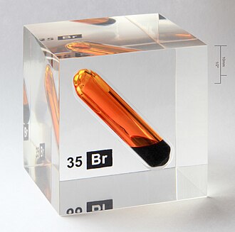 Bromine sealed inside a borosilicate glass vial, which itself is sealed inside a ~5cm cube of PMMA (acrylic)