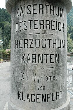Stone marking the Austro-Hungarian/Italian border at Pontebba displaying myriametres, a unit of 10 km used in Central Europe in the 19th century (but since deprecated)[28]