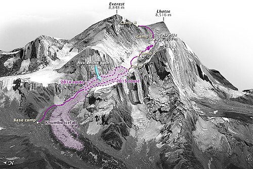 The location of the fatal ice avalanche on the 2014 route, and the revised 2015 route through the Khumbu