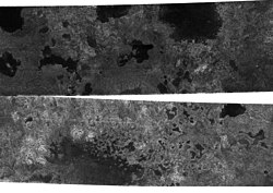 A photograph of Titan's northern latitudes. The dark features are hydrocarbon lakes containing ethane.