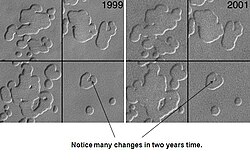 Changes in south polar surface from 1999 to 2001, as seen by Mars Global Surveyor.