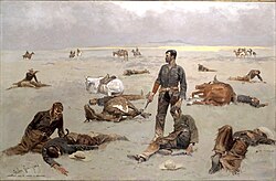 What An Unbranded Cow Has Cost by Frederic Remington, which depicts the aftermath of a range war between cowboys and supposed rustlers. 1895