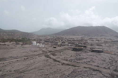 Aerial view of Plymouth, Montserrat, buried under grey volcanic ash