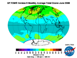 Total ozone concentration in June 2000 as measured by the NASA EP-TOMS satellite instrument