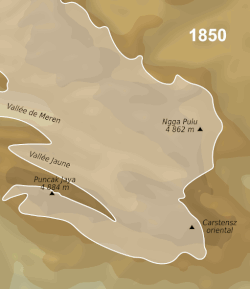 Animated map of the extent of the glaciers of the Carstensz Range from 1850 to 2003