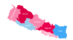 A map of the Federal Democratic Republic of Nepal showing its seven constituent provinces