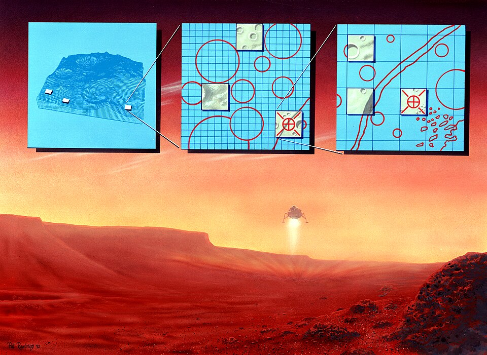 The inset frames show how the lander's descent imaging system is identifying hazards (NASA, 1990)