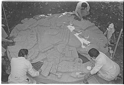 Archaeologists of the Instituto Nacional de Antropología e Historia working at the place were the stone was discovered, 1978.