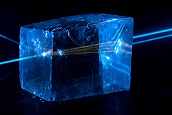 Demonstration of birefringence in calcite, using 445 nm laser