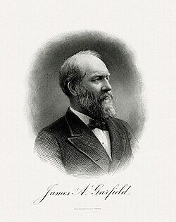 Line engraving of Garfield, produced around 1902 by the Bureau of Engraving and Printing as part of a presentation album of the first 26 presidents