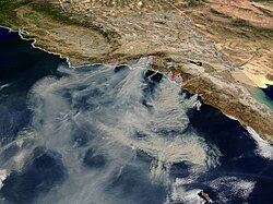 Satellite image from October, 2003 including Cedar Fire, one of the largest wildfires in California history