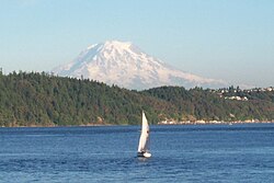 Snow-capped peaks are a backdrop to many Puget Sound scenes. Here, Mount Rainier is seen from Gig Harbor.