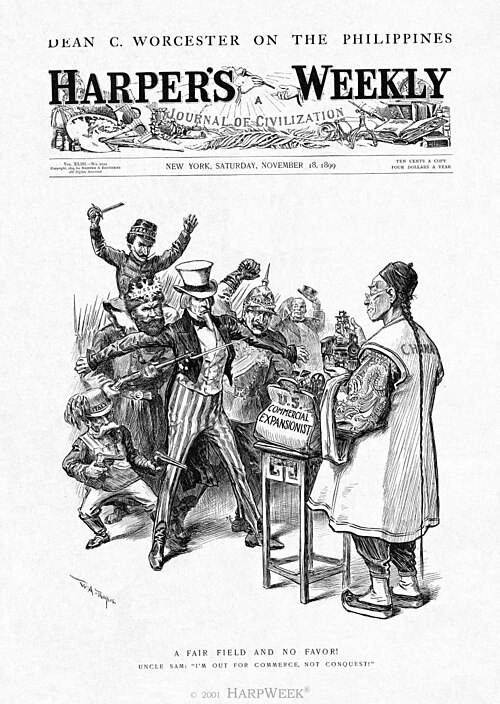 Uncle Sam (United States) rejects force and violence and ask "fair field and no favor"--that is, equal opportunity for all trading nations to peacefully enter the China market. This became the Open Door Policy. Editorial cartoon by William A. Rogers in Harper's Magazine November 18, 1899.