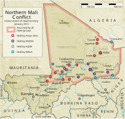 Map showing the fullest extent of rebel-held territory in January 2013