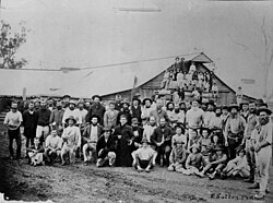 Sheep shearers and farm hands at Jondaryan Woolshed, c. 1872