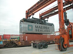 Rubber-tyred gantry crane loading a 40 foot container in a well car for an intermodal train
