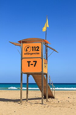 112 on a lifeguard tower in Pájara, Spain
