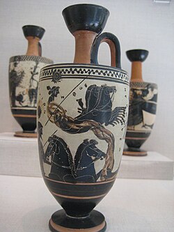 Helios and the Night. Lekythos from black-figure pottery from 4th century BC depicts Helios, ascending in his chariot, Night, receding to the left and Eos to the right.