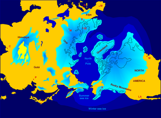 Northern hemisphere glaciation during the last ice ages. The setup of 3 to 4 kilometer thick ice sheets caused a sea level lowering of about 120 m.