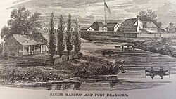 The Kinzie Mansion. Fort Dearborn is in the background.[21]