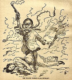 The Yellow Terror in all His Glory, an 1899 British editorial cartoon depicting a Chinese Boxer standing over a fallen white woman. The Chinese man represents the anti-colonial Boxer movement and the woman represents Christian missionaries attacked by Boxers during the Boxer Rebellion.[36]
