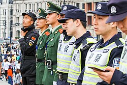 A group of seven Chinese police officers in various uniforms