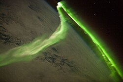 Photo from the International Space Station (ISS) of aurora australis during a geomagnetic storm on 29 May 2010. The storm was most likely caused by a CME that had erupted from the Sun on 24 May 2010, five days prior to the storm.