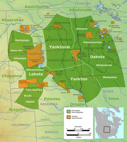 Location of Sioux tribes prior to 1770 (dark green) and their current reservations (orange) in the US