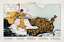 "The Awakening" Suffragists were successful in the West; their torch awakens the women struggling in the North and South in this cartoon by Hy Mayer in Puck February 20, 1915.