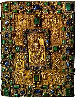 The cover of the Carolingian gospel book, the Codex Aureus of St. Emmeram, produced ca. AD 870 at the Palace of Aachen, during the reign of Charles the Bald.Bayerische Staatsbibliothek, Munich.