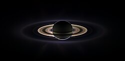 Saturn eclipses the Sun, as seen from Cassini. The rings are visible, including the F Ring.
