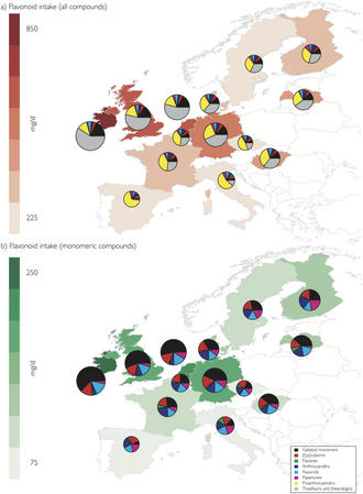 Adult flavonoid intake (mg per day) in Europe; pie charts indicate the relative consumption of different flavonoid compounds[17]